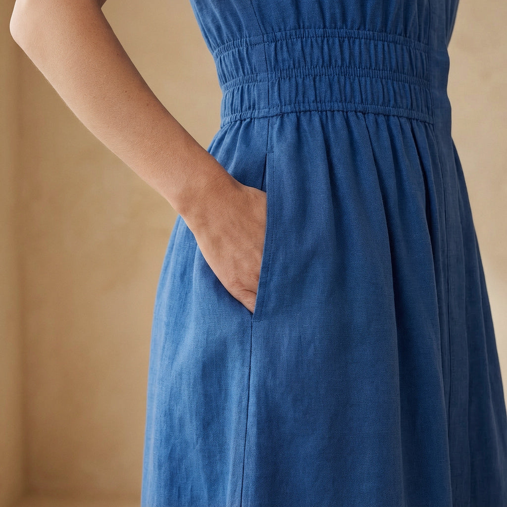 Teal Blue 100% Cotton Button-Down Midi Shirt Dress