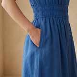 Teal Blue 100% Cotton Button-Down Midi Shirt Dress