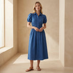 Teal Blue 100% Cotton Button-Down Midi Shirt Dress