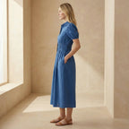 Teal Blue 100% Cotton Button-Down Midi Shirt Dress