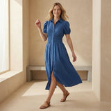 Teal Blue 100% Cotton Button-Down Midi Shirt Dress