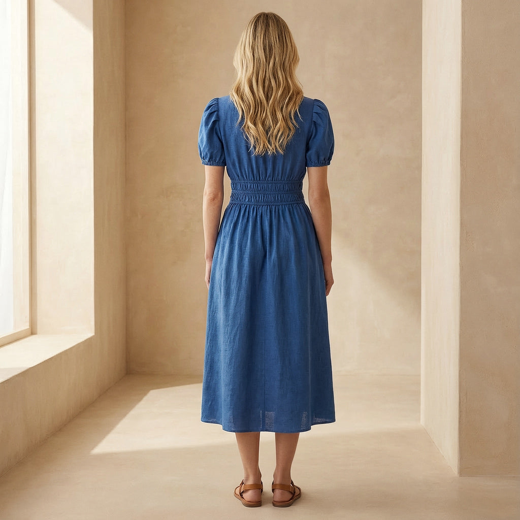 Teal Blue 100% Cotton Button-Down Midi Shirt Dress