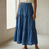 Teal Blue 100% Cotton Elasticated Maxi Tier Skirt