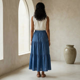 Teal Blue 100% Cotton Elasticated Maxi Tier Skirt