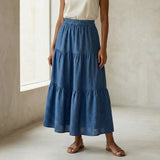 Teal Blue 100% Cotton Elasticated Maxi Tier Skirt