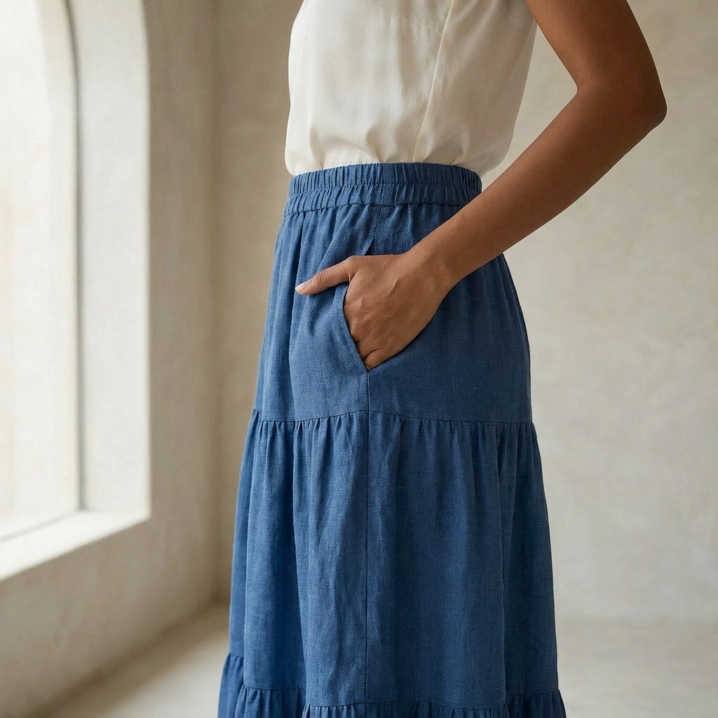 Teal Blue 100% Cotton Elasticated Maxi Tier Skirt