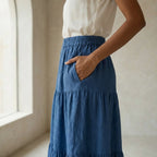 Teal Blue 100% Cotton Elasticated Maxi Tier Skirt