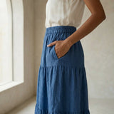 Teal Blue 100% Cotton Elasticated Maxi Tier Skirt