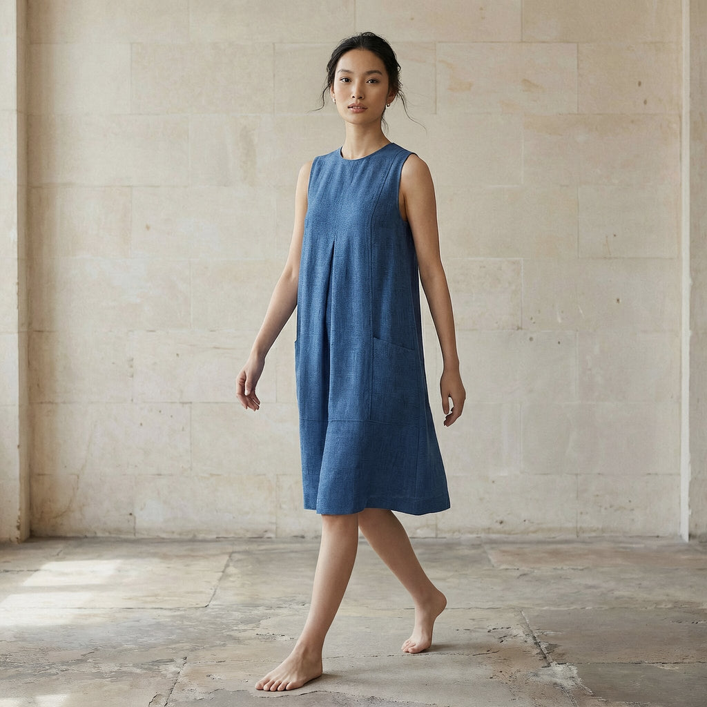 Teal Blue 100% Cotton Sleeveless Paneled Swing Dress