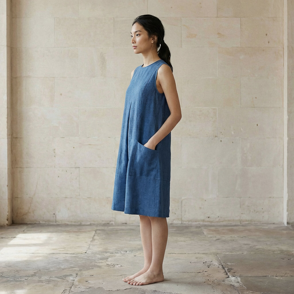 Teal Blue 100% Cotton Sleeveless Paneled Swing Dress