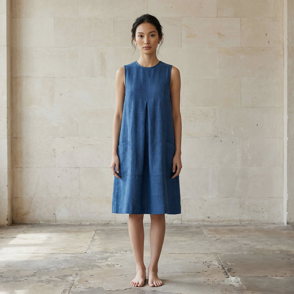 Teal Blue 100% Cotton Sleeveless Paneled Swing Dress