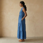 Teal Blue 100% Cotton V-Neck Maxi Tier Dress