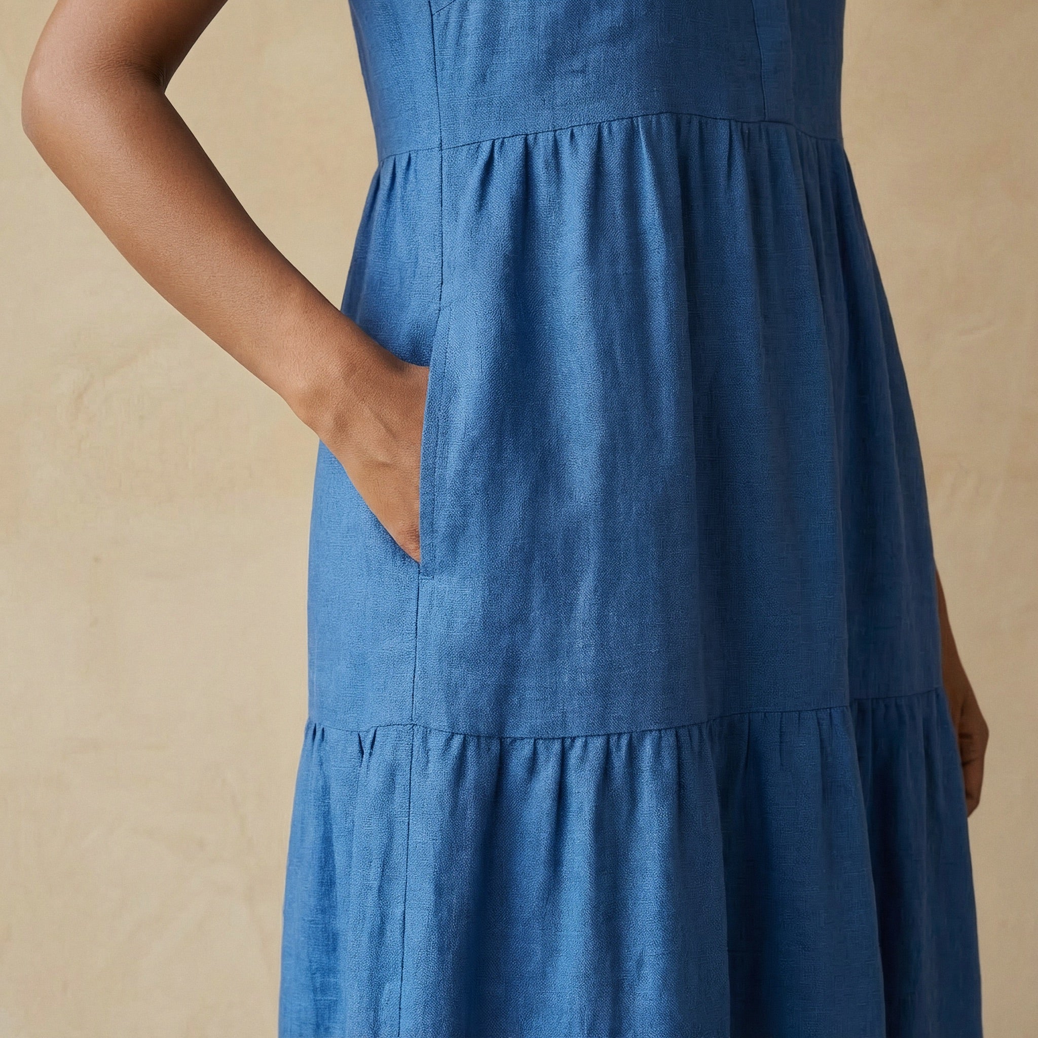 Teal Blue 100% Cotton V-Neck Maxi Tier Dress