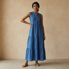 Teal Blue 100% Cotton V-Neck Maxi Tier Dress