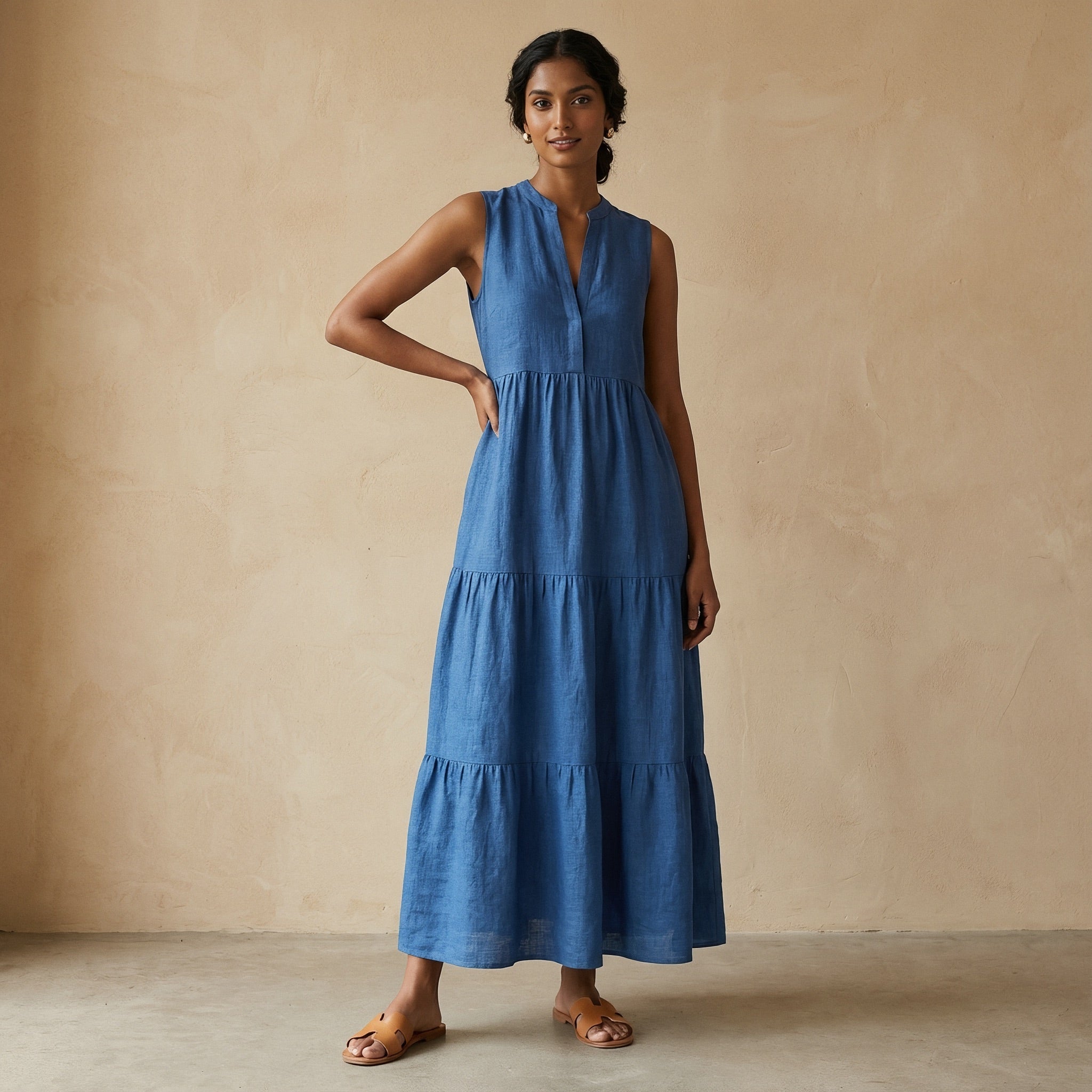 Teal Blue 100% Cotton V-Neck Maxi Tier Dress