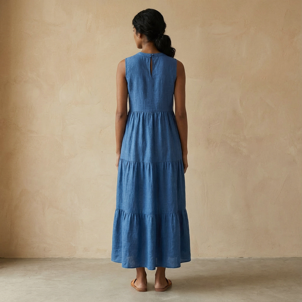 Teal Blue 100% Cotton V-Neck Maxi Tier Dress
