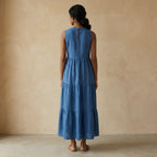 Teal Blue 100% Cotton V-Neck Maxi Tier Dress
