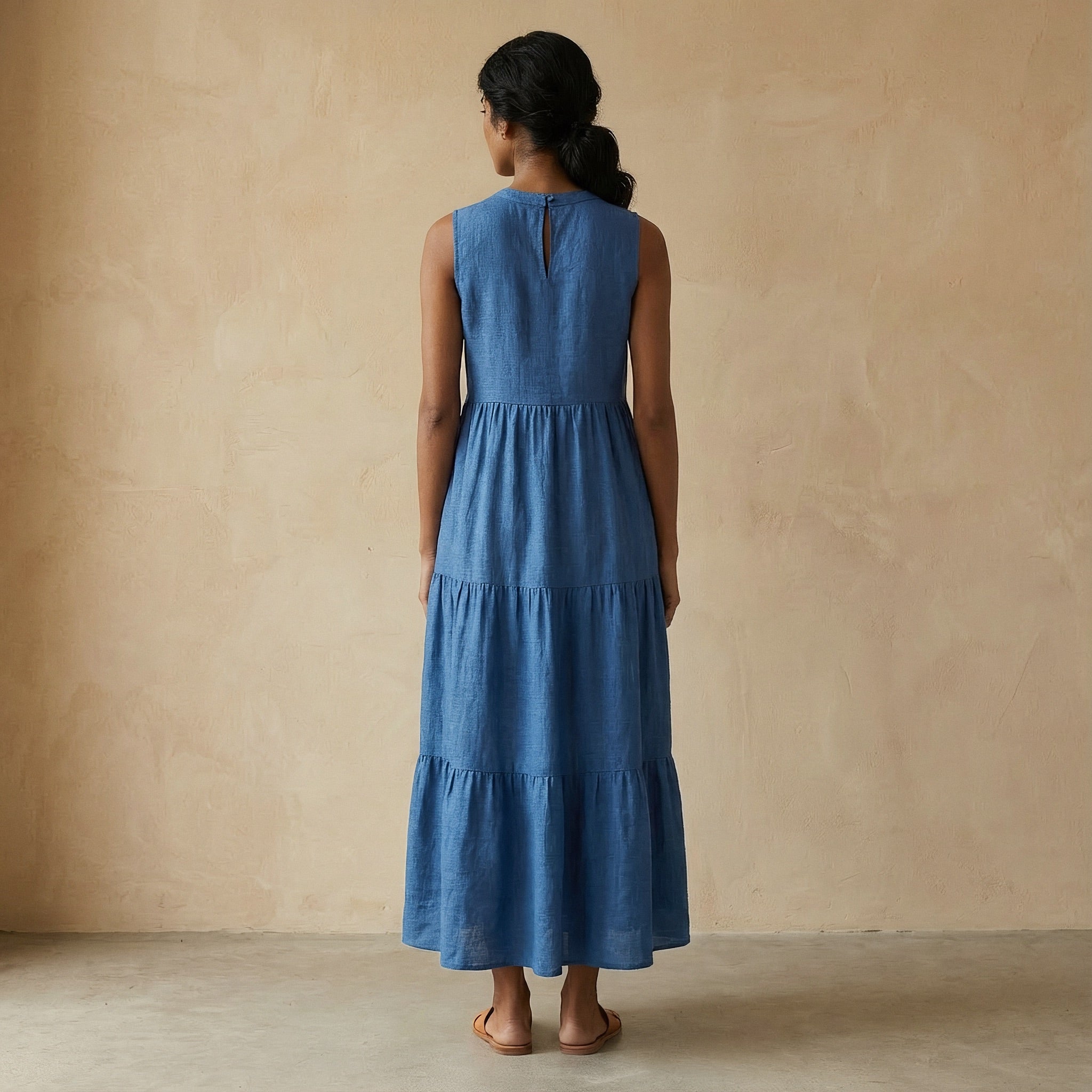 Teal Blue 100% Cotton V-Neck Maxi Tier Dress