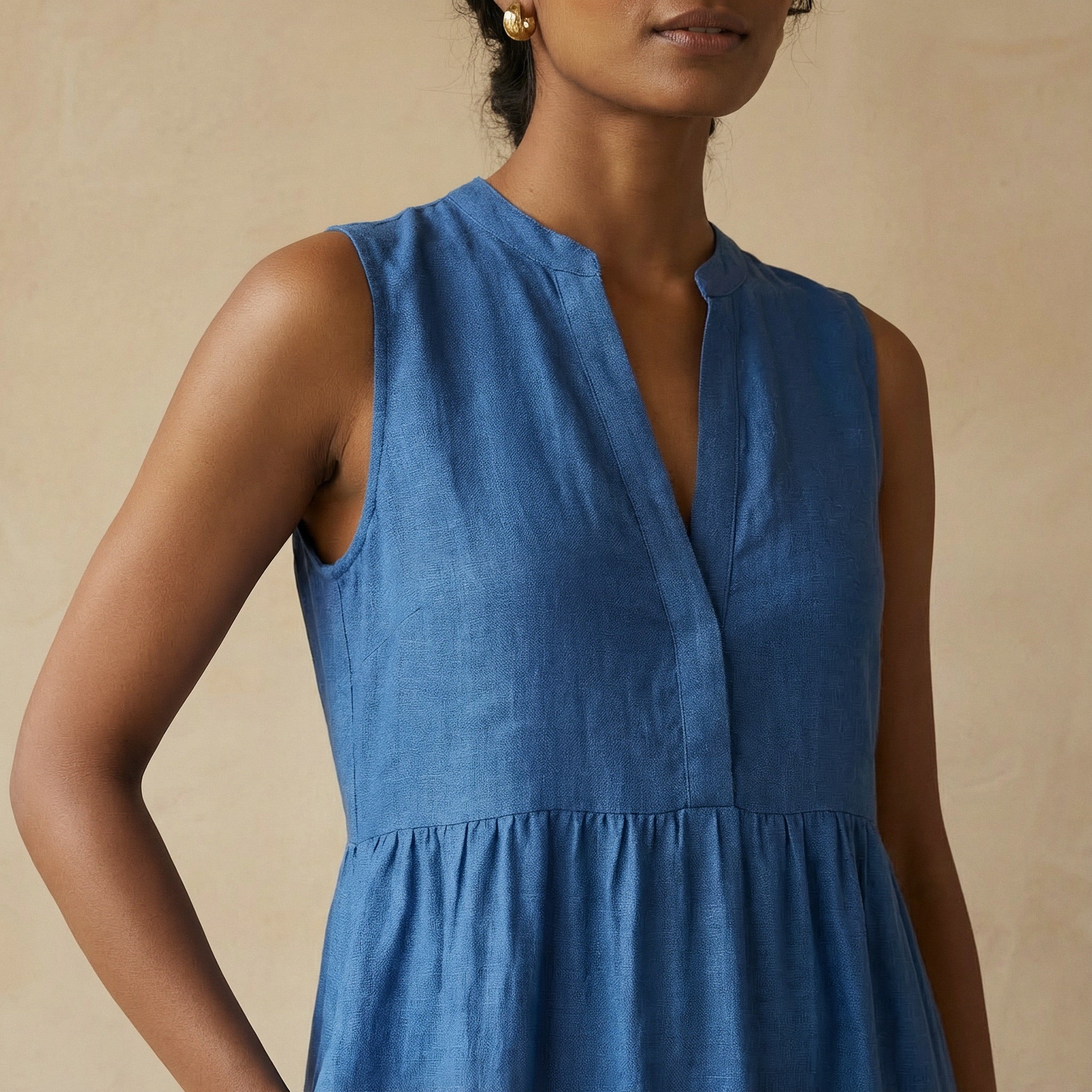 Teal Blue 100% Cotton V-Neck Maxi Tier Dress
