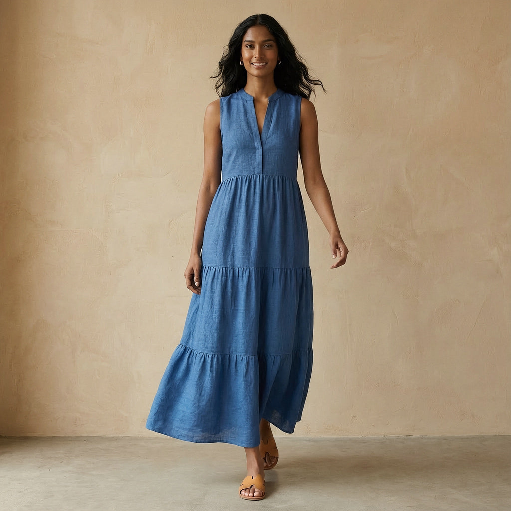 Teal Blue 100% Cotton V-Neck Maxi Tier Dress