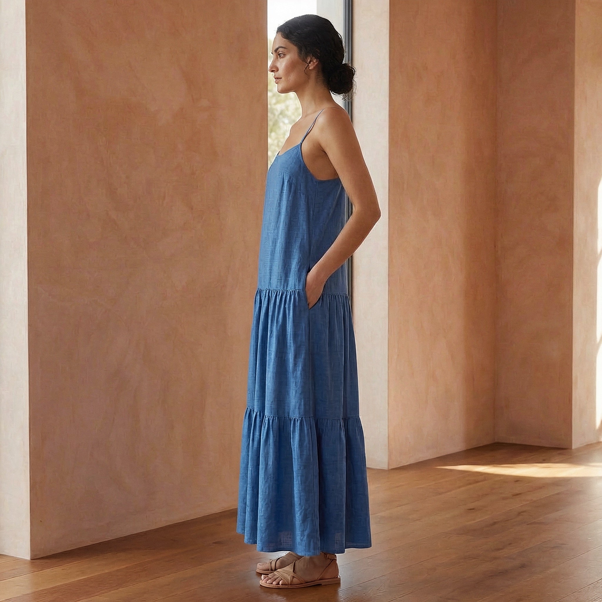 Teal Blue Cotton Drop-Waist Camisole Maxi Tier Dress