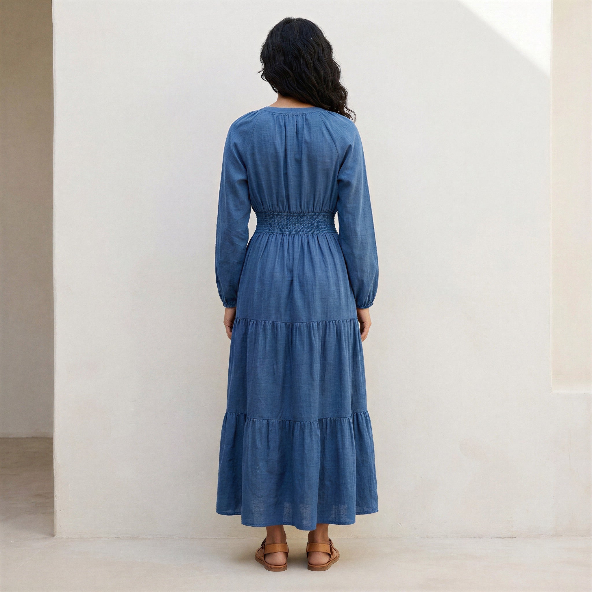 Teal Blue Cotton Fit and Flare Maxi Tier Dress
