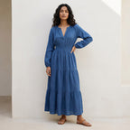 Teal Blue Cotton Fit and Flare Maxi Tier Dress