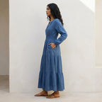Teal Blue Cotton Fit and Flare Maxi Tier Dress