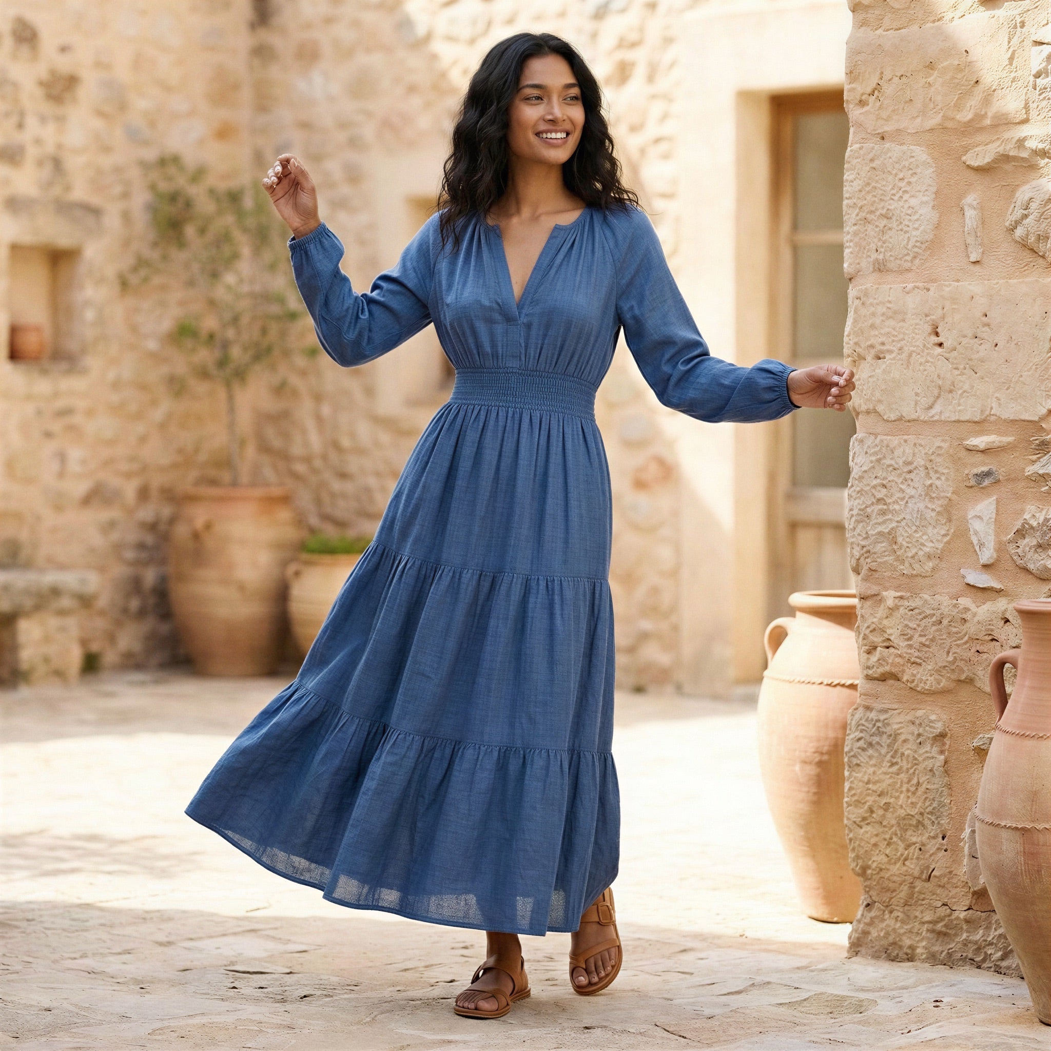 Teal Blue Cotton Fit and Flare Maxi Tier Dress