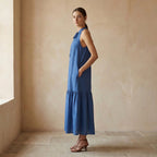 Teal Blue Cotton Halter-Neck Sleeveless Midi Tier Dress