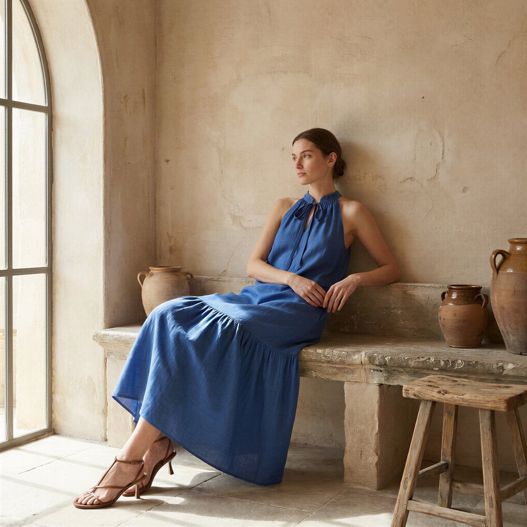 Teal Blue Cotton Halter-Neck Sleeveless Midi Tier Dress