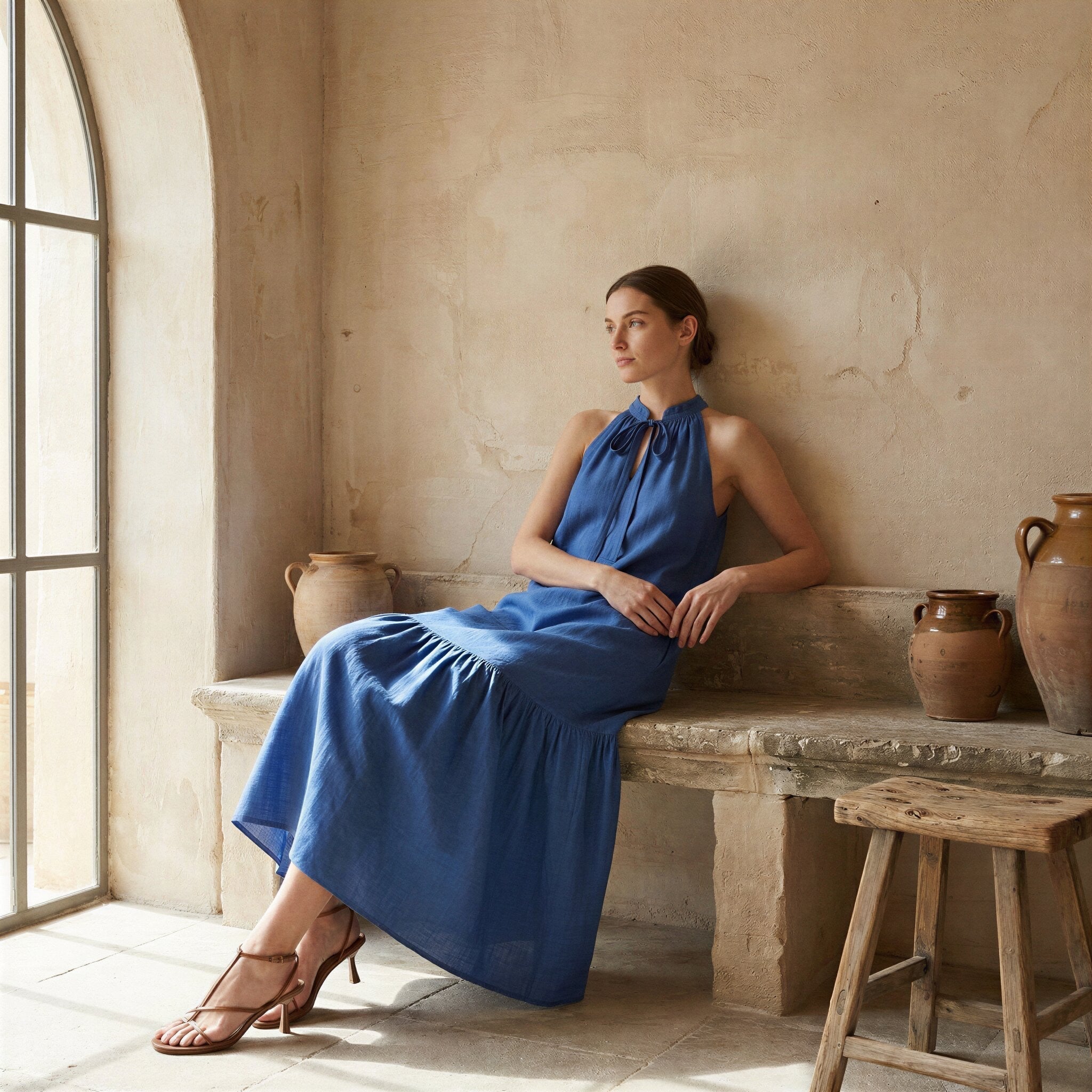 Teal Blue Cotton Halter-Neck Sleeveless Midi Tier Dress