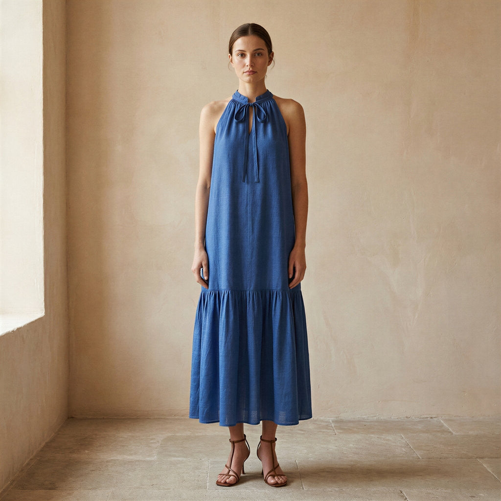 Teal Blue Cotton Halter-Neck Sleeveless Midi Tier Dress
