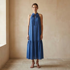 Teal Blue Cotton Halter-Neck Sleeveless Midi Tier Dress