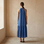 Teal Blue Cotton Halter-Neck Sleeveless Midi Tier Dress