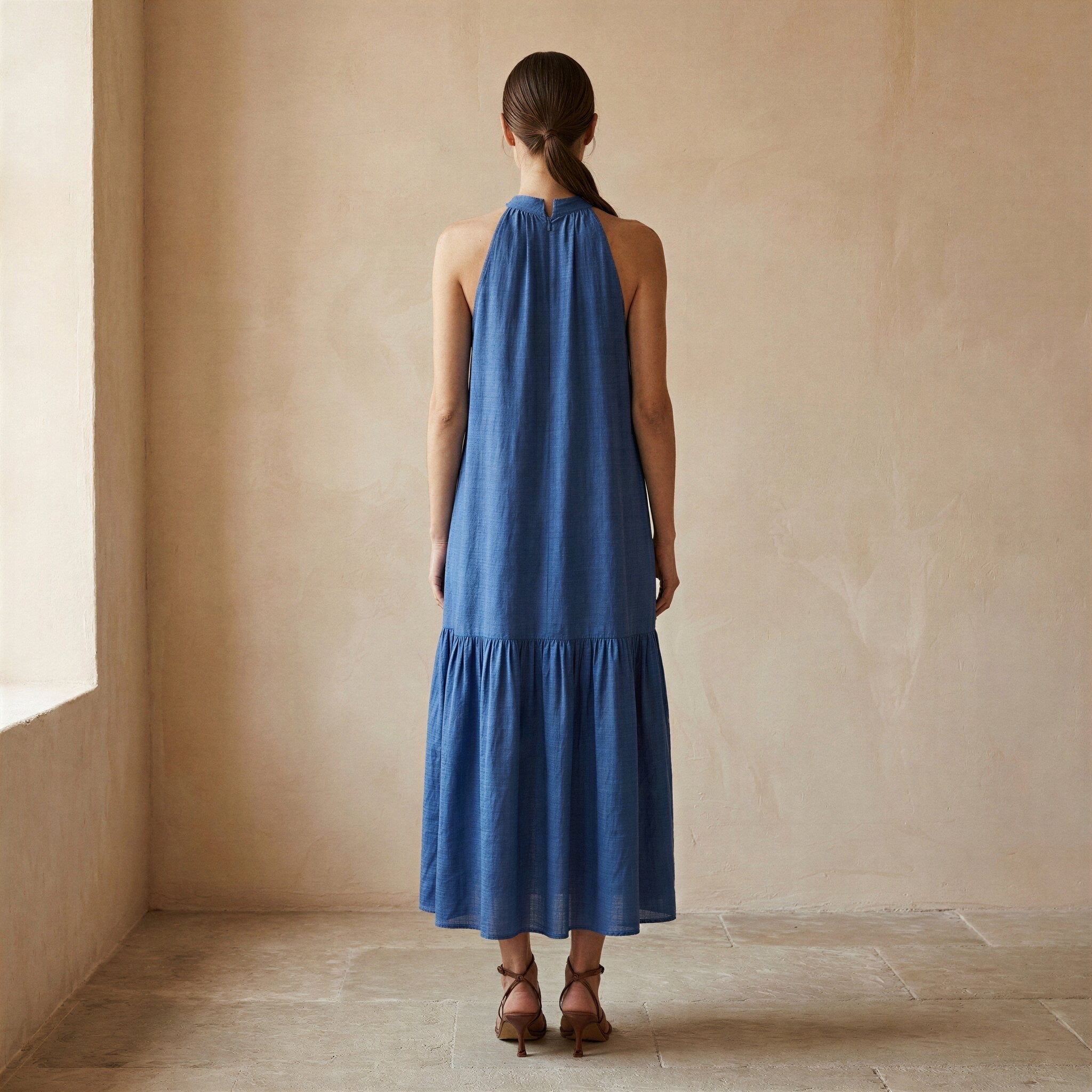 Teal Blue Cotton Halter-Neck Sleeveless Midi Tier Dress