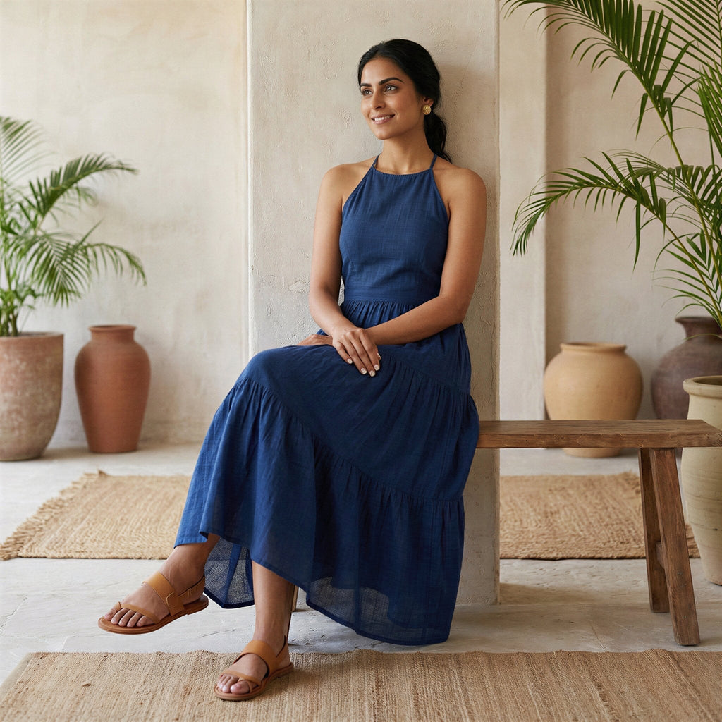 Teal Blue Cotton Halter Neck Tier Midi Dress