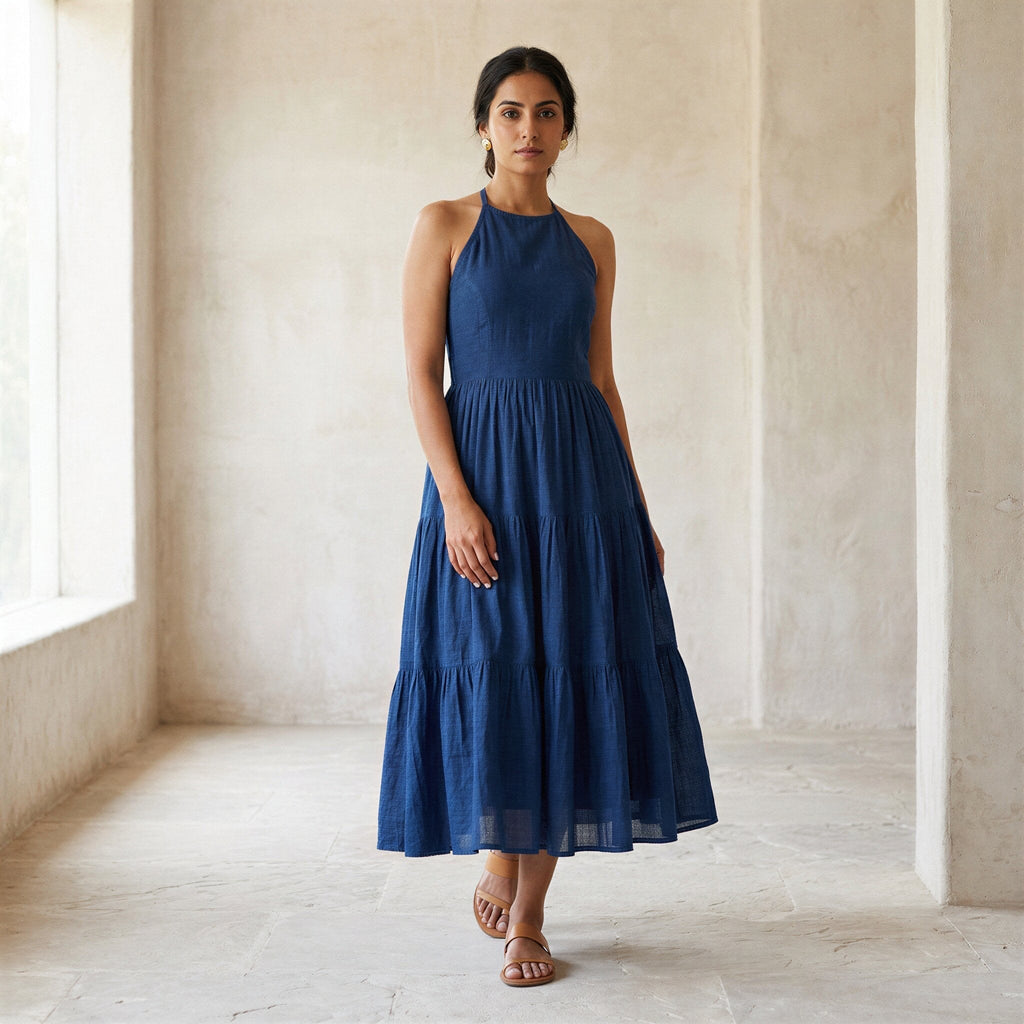 Teal Blue Cotton Halter Neck Tier Midi Dress