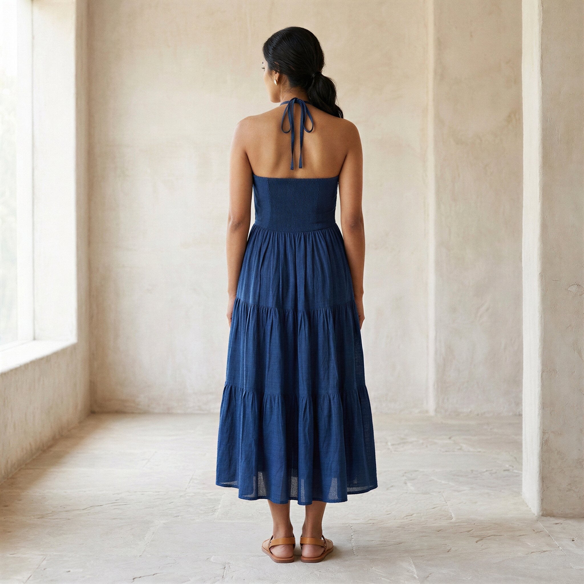 Teal Blue Cotton Halter Neck Tier Midi Dress