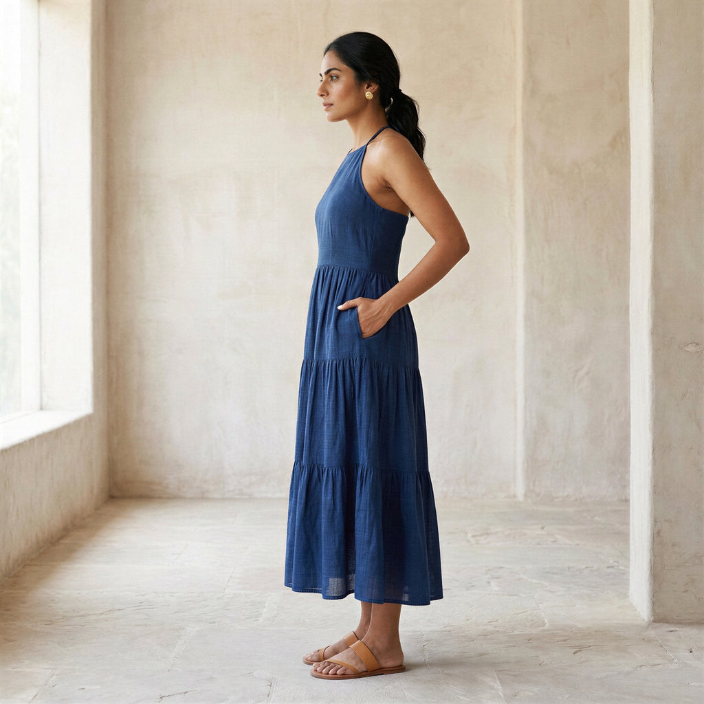 Teal Blue Cotton Halter Neck Tier Midi Dress