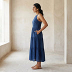 Teal Blue Cotton Halter Neck Tier Midi Dress