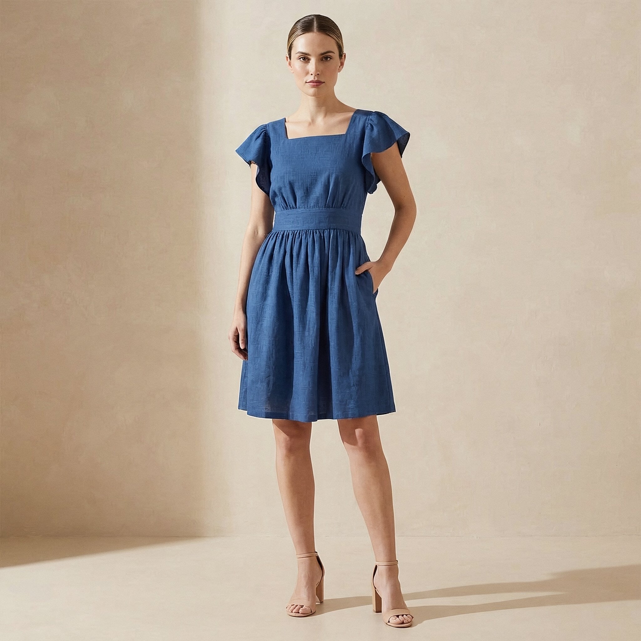 Teal Blue Cotton Open-Back Fit and Flare Knee Length Dress