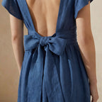 Teal Blue Cotton Open-Back Fit and Flare Knee Length Dress