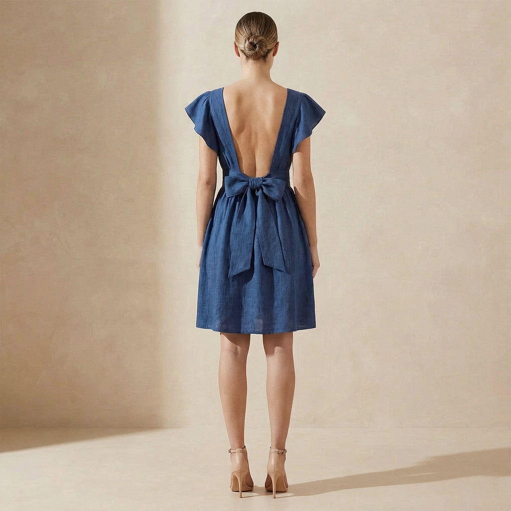 Teal Blue Cotton Open-Back Fit and Flare Knee Length Dress