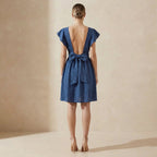 Teal Blue Cotton Open-Back Fit and Flare Knee Length Dress