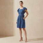 Teal Blue Cotton Open-Back Fit and Flare Knee Length Dress