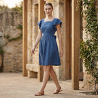 Teal Blue Cotton Open-Back Fit and Flare Knee Length Dress