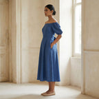 Teal Blue Cotton Puff Sleeves Off-Shoulder Midi Dress