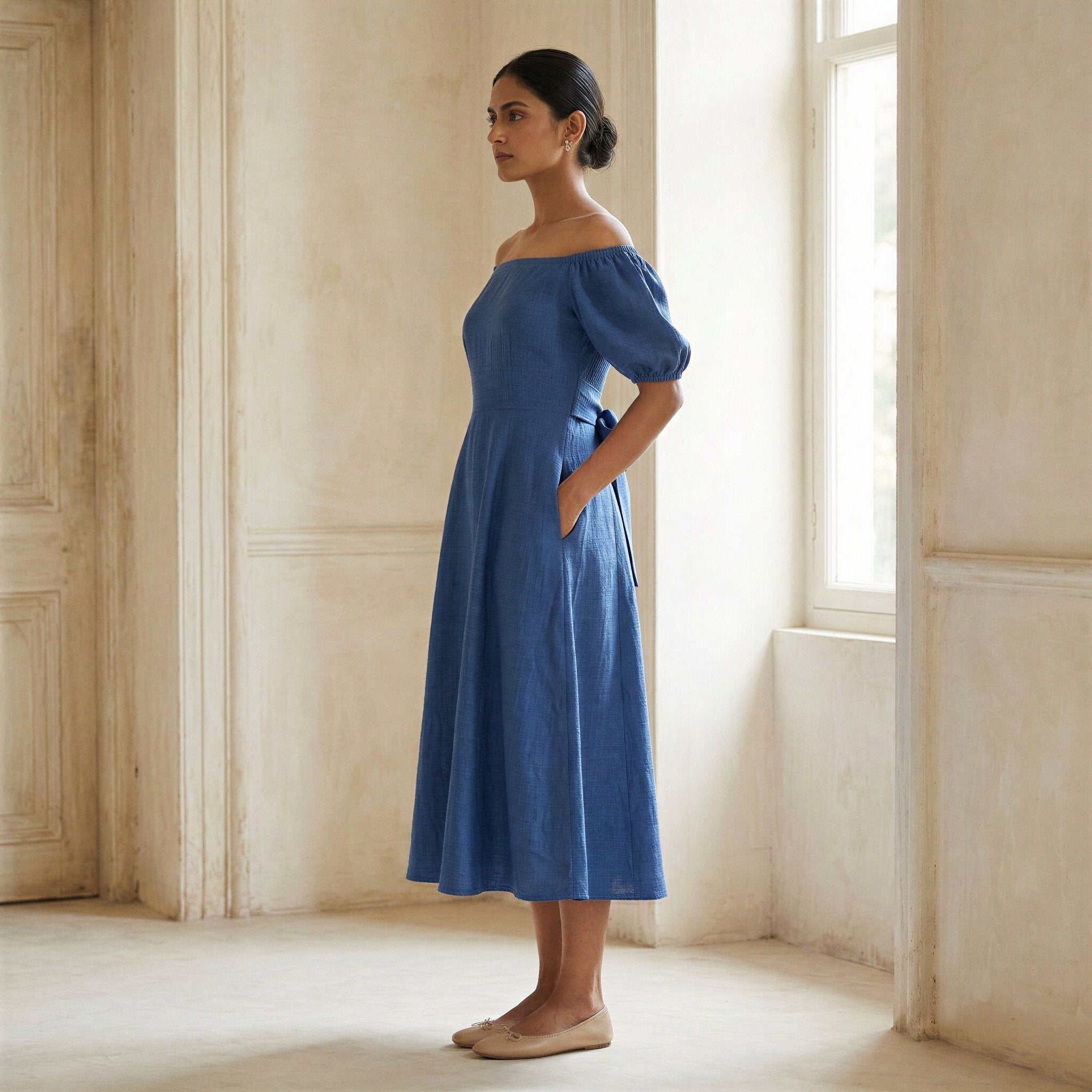 Teal Blue Cotton Puff Sleeves Off-Shoulder Midi Dress