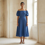 Teal Blue Cotton Puff Sleeves Off-Shoulder Midi Dress